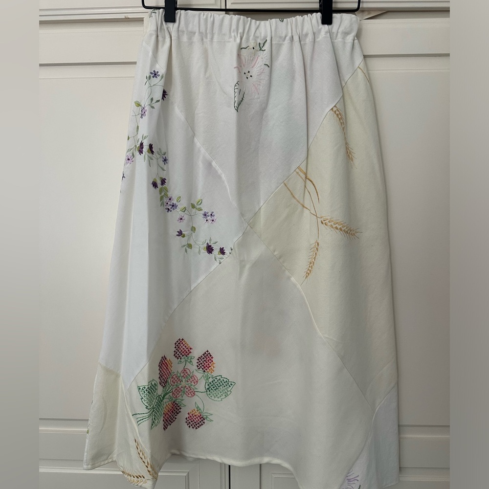 White Floral Patchwork Midi Skirt Cotton